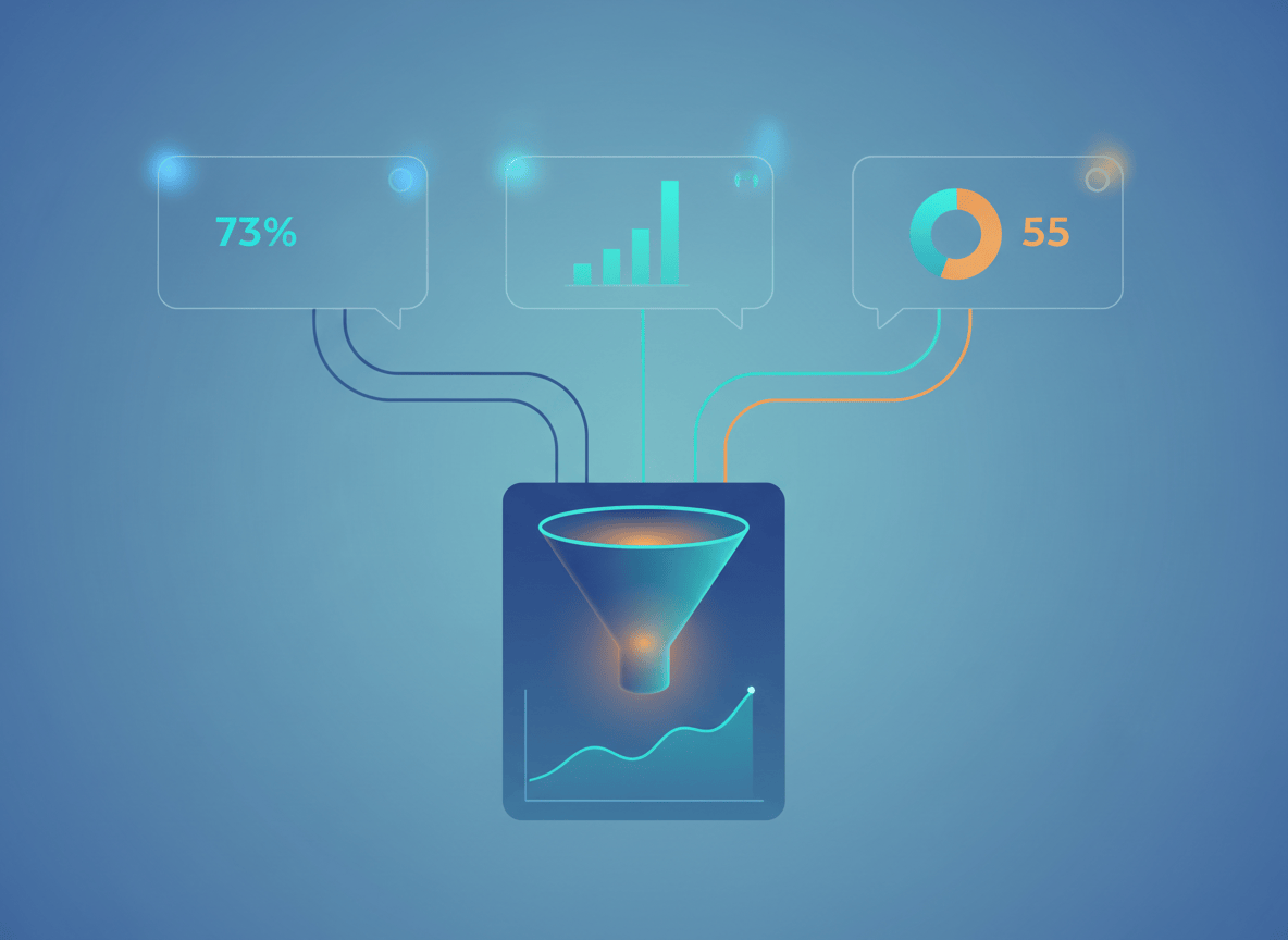 A clean, modern editorial illustration for a business/tech analysis blog. Theme: inconsistent AI answers across BI tools and the fix of a unified semantic layer. Show three separate abstract dashboard panels/chatbot bubbles each displaying a different glowing number or chart for the same metric, with divergent thin data-flow lines -- then a fourth panel below where a single glowing hub/funnel-like structure (representing a semantic layer) merges the same data streams into one consistent, aligned chart. Cool blue and teal palette with subtle amber accents, flat geometric style, soft gradients, minimal and professional -- no text, no logos, no people's faces.