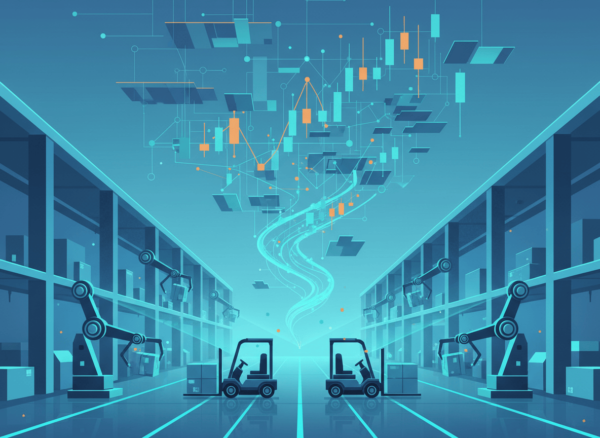 A clean, modern editorial illustration for a business/tech analysis blog. Theme: AI transforming warehouses and logistics, with a visual bridge to trading floors. Show a stylized warehouse interior with autonomous robotic arms and forklifts moving in orderly paths, glowing data-flow lines rising up and converging into an abstract network of trading charts and candlestick graphs in the upper half. Cool blue and teal palette with subtle amber accents, flat geometric style, soft gradients, minimal and professional -- no text, no logos, no people's faces.