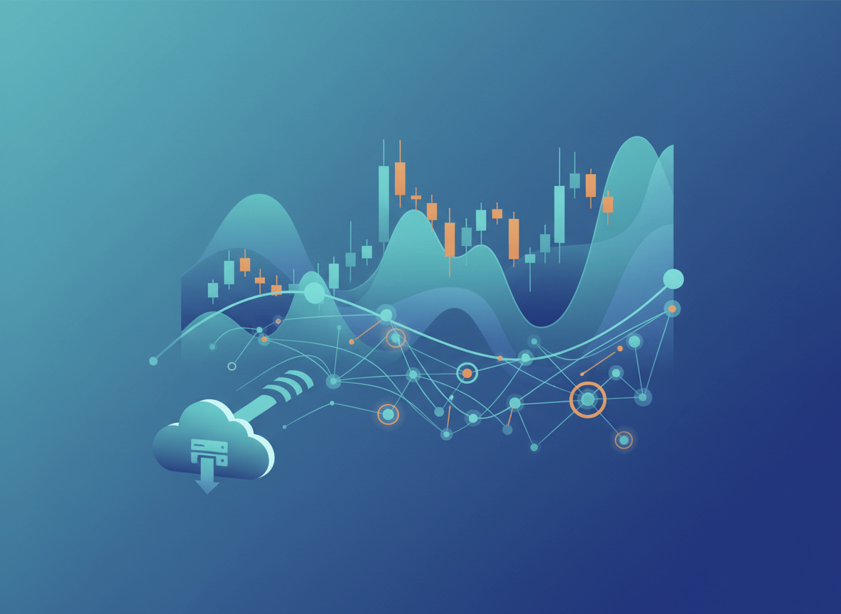 Abstract editorial illustration of trading charts, risk data networks, and cloud migration in blue, teal, and amber tones