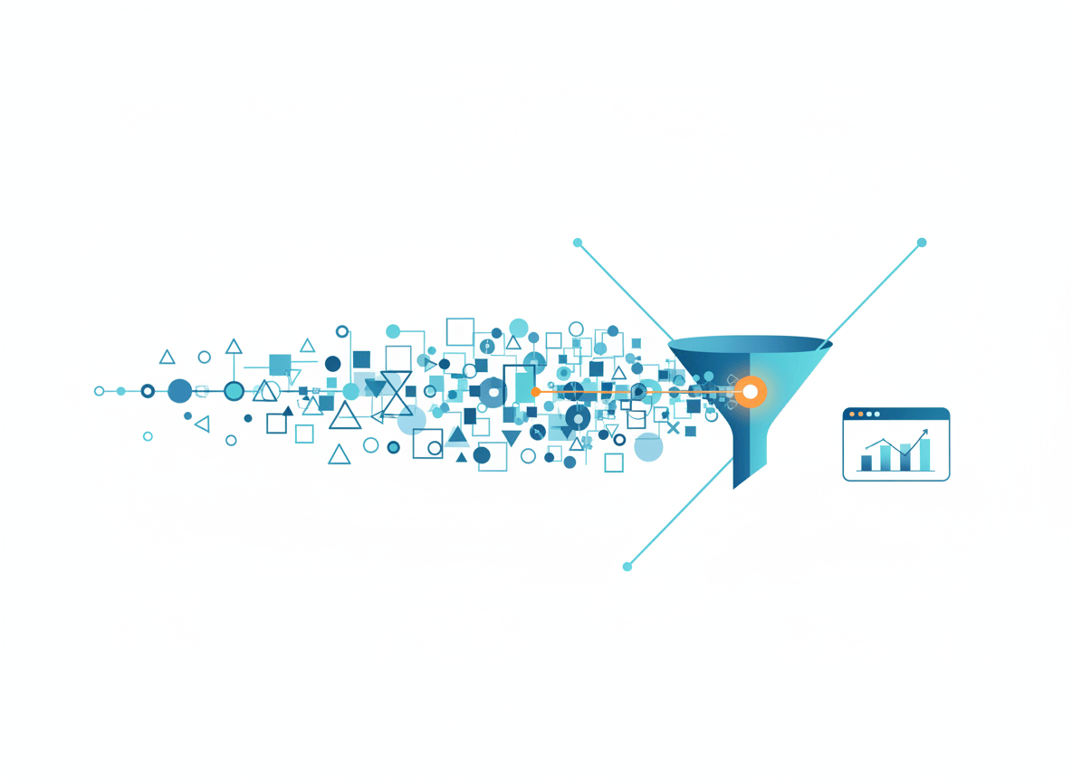 Abstract illustration of a wide stream of data narrowing through a funnel into a small dashboard, symbolizing the gap between data volume and data quality