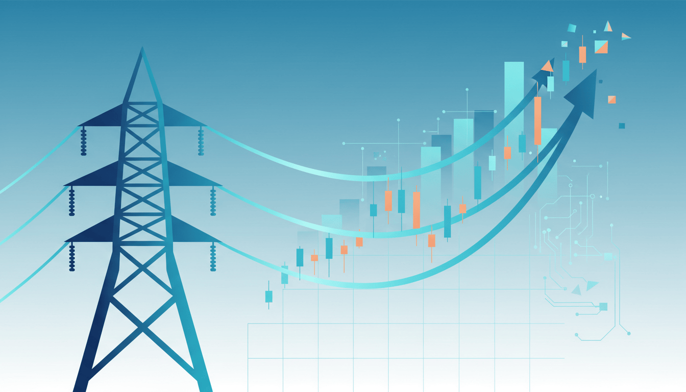 Abstract illustration of power transmission lines merging into energy trading charts, representing data centers entering electricity markets