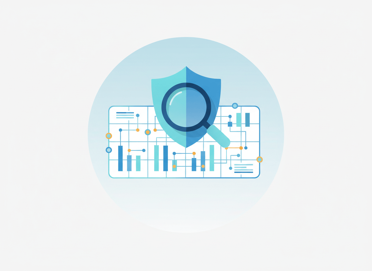 Abstract illustration of a checkmark and magnifying glass over a data chart, representing human oversight of AI-generated analytics